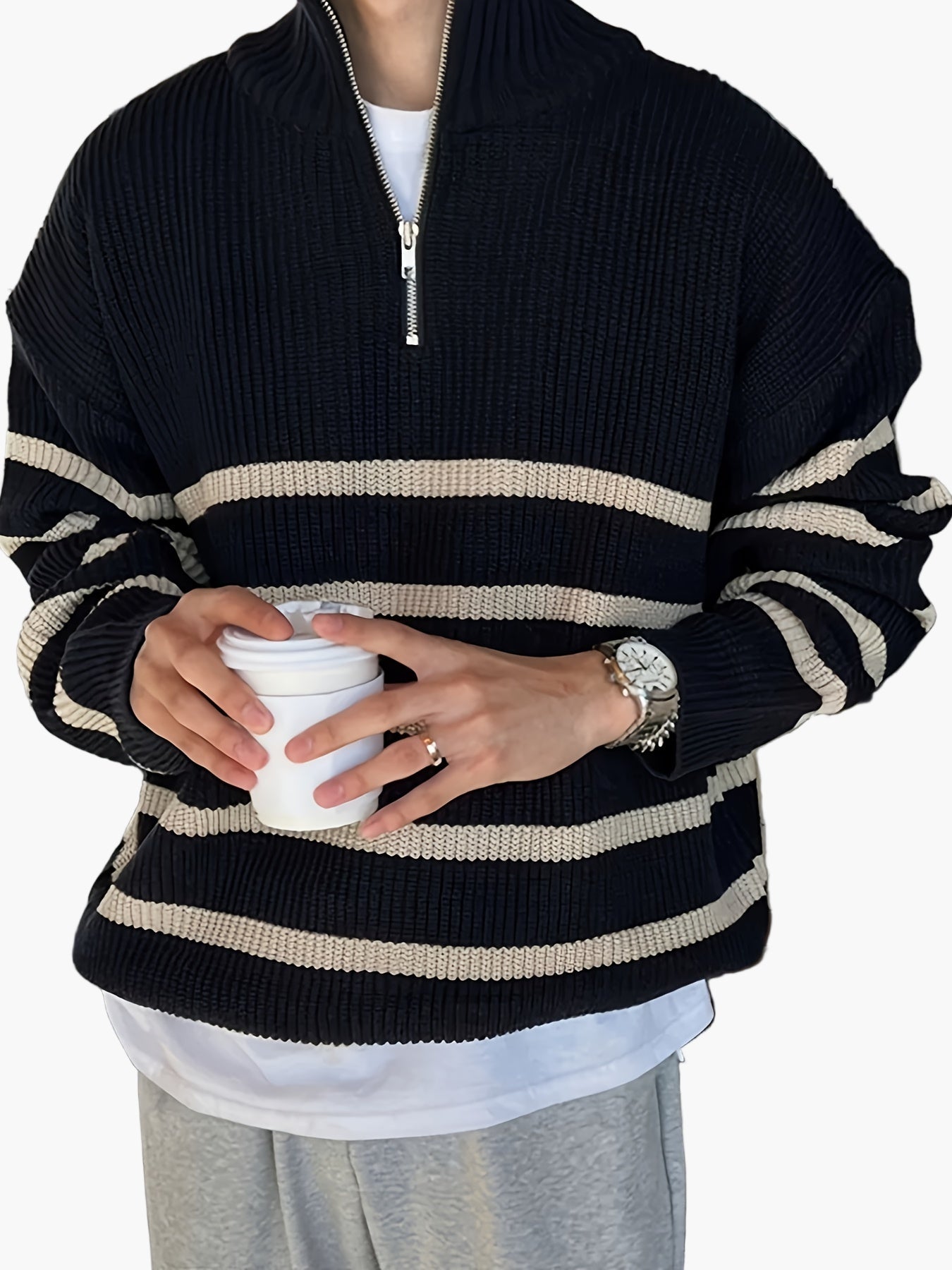 Herren Strickpullover mit Stehkragen und Reißverschluss – Gestreifter Casual Look für Herbst & Winter