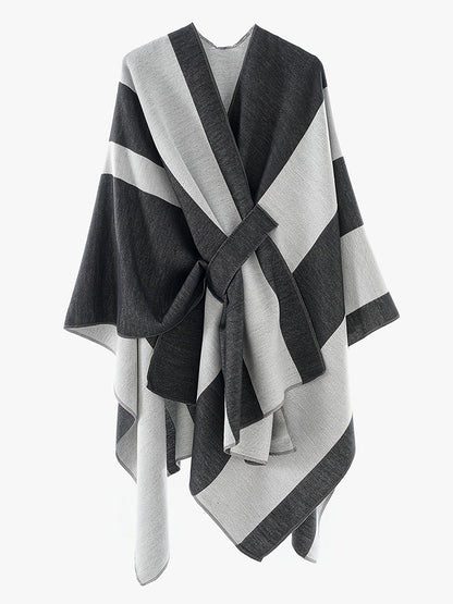 Damen Poncho Cape mit Streifenmuster & Knoten-Detail, weicher Stoff