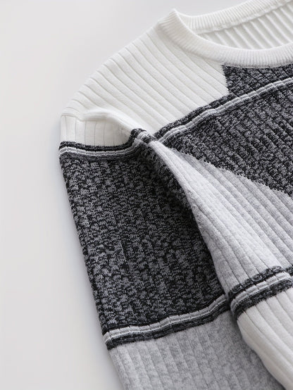 Herren Pullover Langarm Gerippt mit Geometrischem Muster Schwarz Weiß