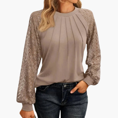 Damen Bluse mit Spitzenärmeln und Falten-Design – Elegante Freizeit- und Büro-Mode