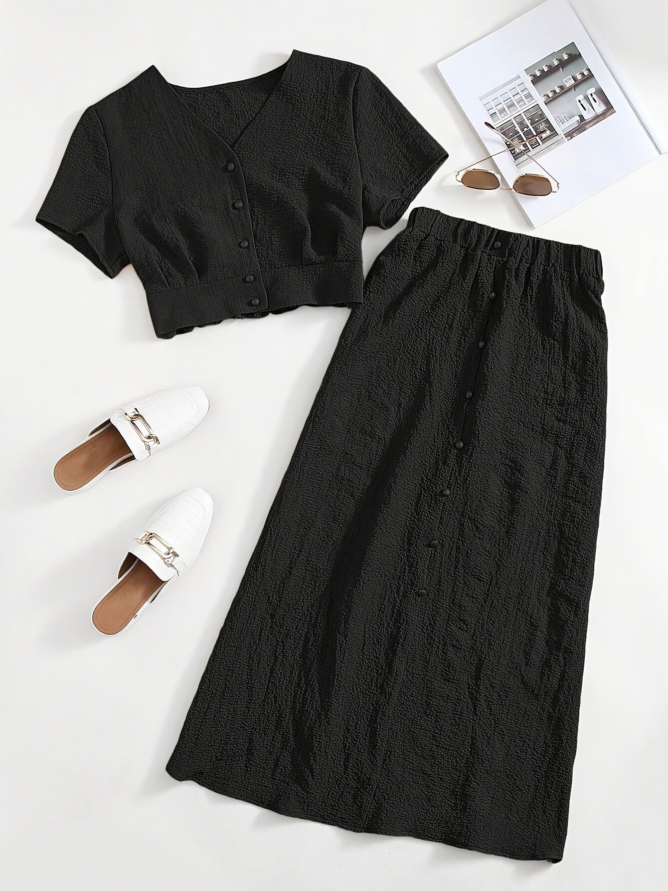 Damen Zweiteiliges Set mit Kurzarm Crop Top und Knopfleiste, Eleganter A-Linien Midi Rock, Modischer Freizeit-Look