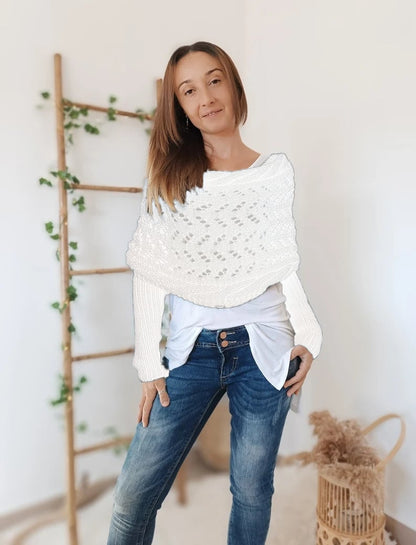 Gestrickter Bolero Damen Wickelpullover mit Ärmeln und Lochmuster