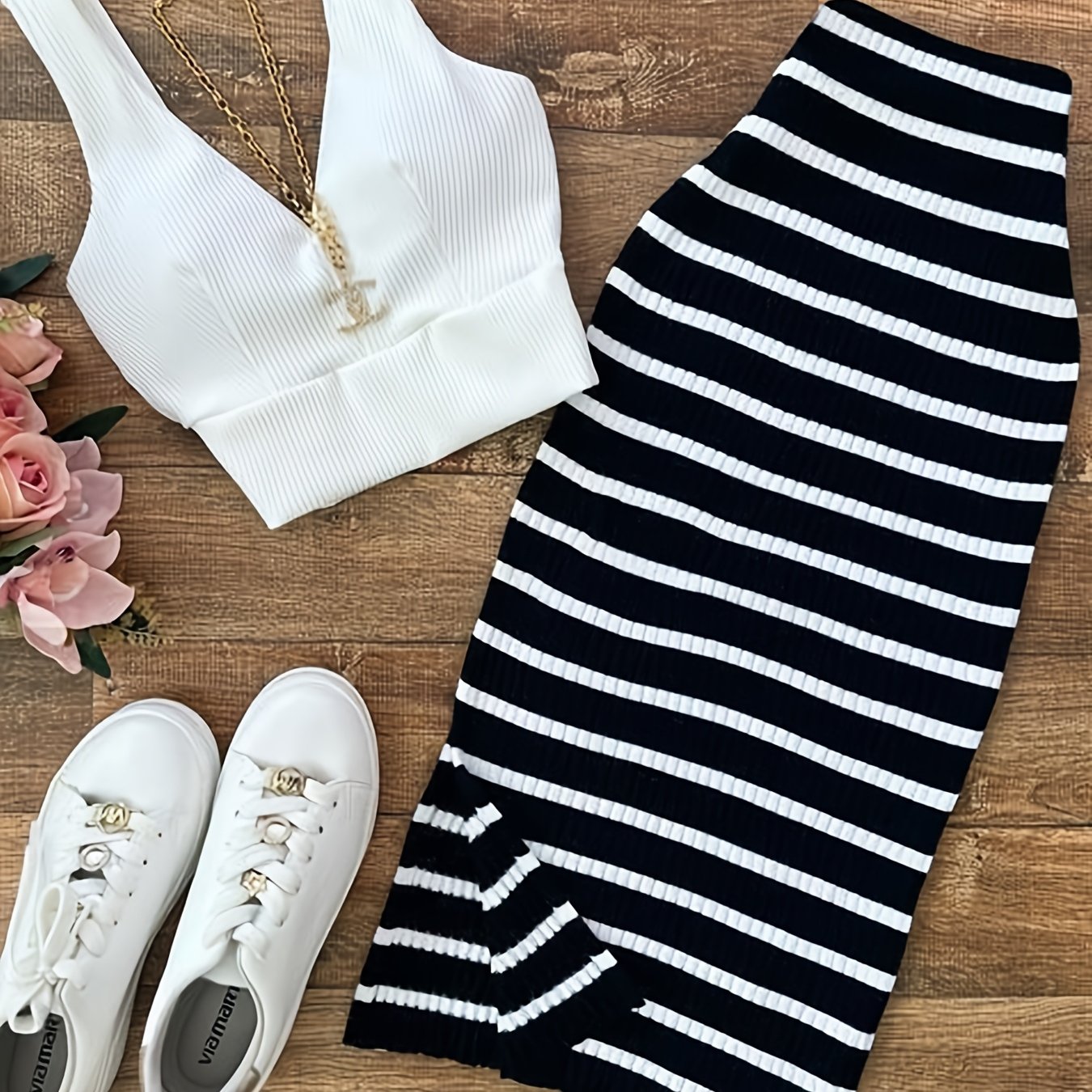Damen Set – Modisches Crop Top und Gestreifter Midirock, City Chic Outfit