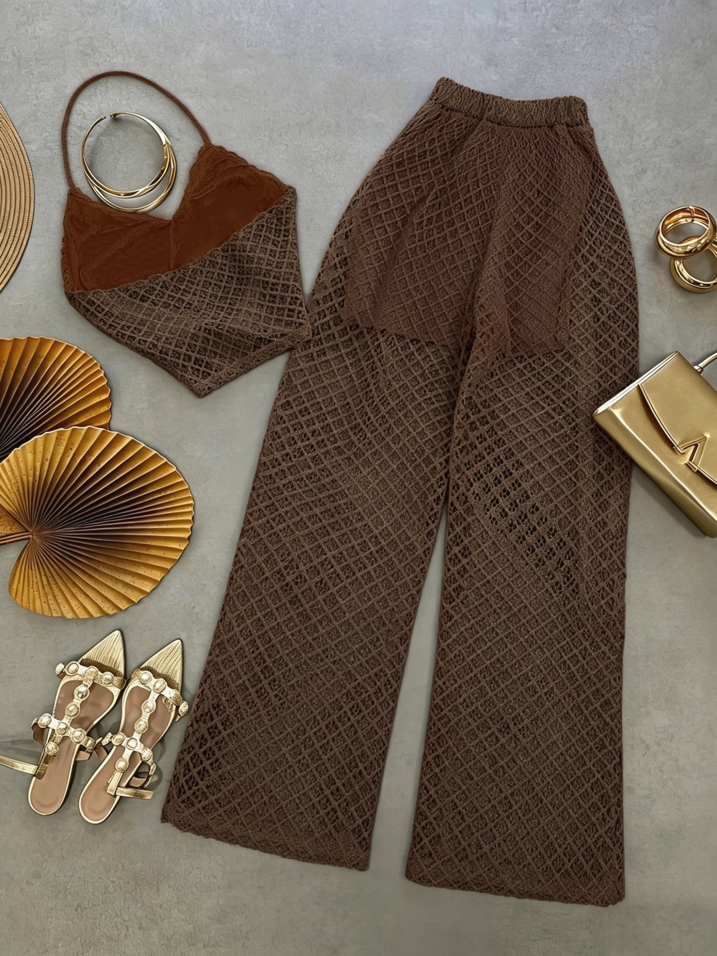 Damen Set Elegantes Häkel-Outfit mit Top und weiter Hose – Stilvolles Strand- & Urlaubsensemble