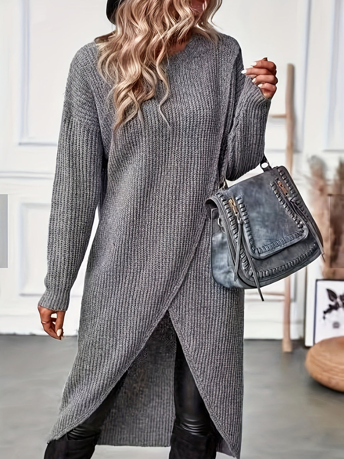 Damen Langarm Strickpullover Grau Asymmetrisch V-Ausschnitt