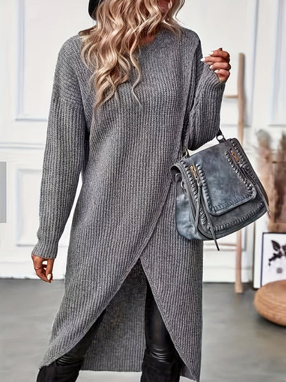 Damen Langarm Strickpullover Grau Asymmetrisch V-Ausschnitt