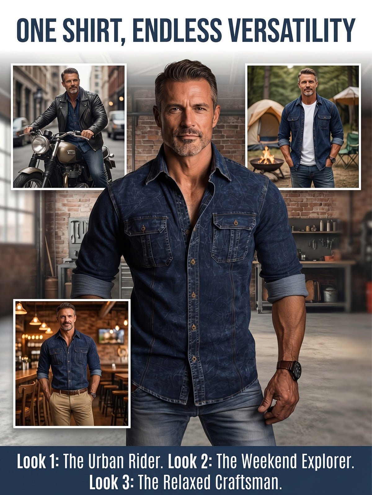 Herren Langarmhemd im Denim-Stil mit Brusttaschen
