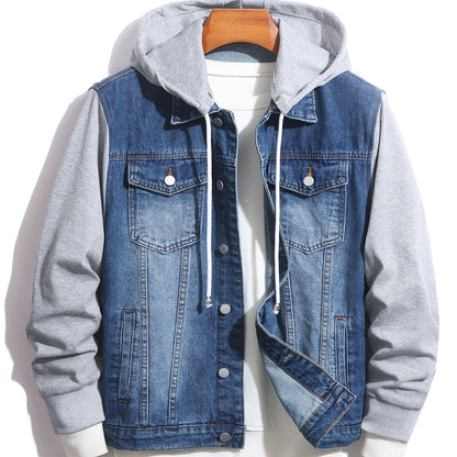 Herren Jeansjacke mit Kapuze Denim und Sweatstoff Ärmel Grau
