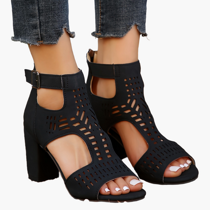 Damen Sandaletten mit Blockabsatz und Cut-Out Design – Modische High-Heel Sommerschuhe für Alltag und Freizeit