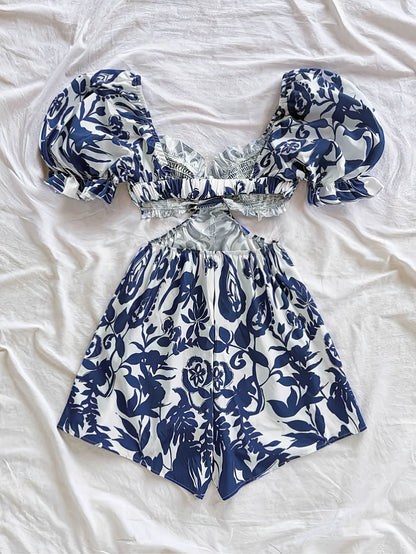 Damen Sommer Jumpsuit mit Tropenblatt-Print und Puffärmeln – Perfekt für Urlaub, Strand und Gartenparty