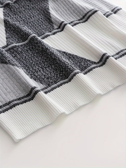 Herren Pullover Langarm Gerippt mit Geometrischem Muster Schwarz Weiß