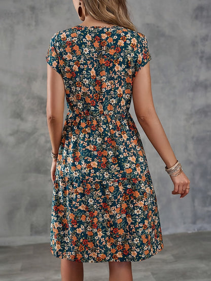 Damen Sommerkleid im Blumenmuster – Freizeit & Urlaub, Knielang, Kurzarm