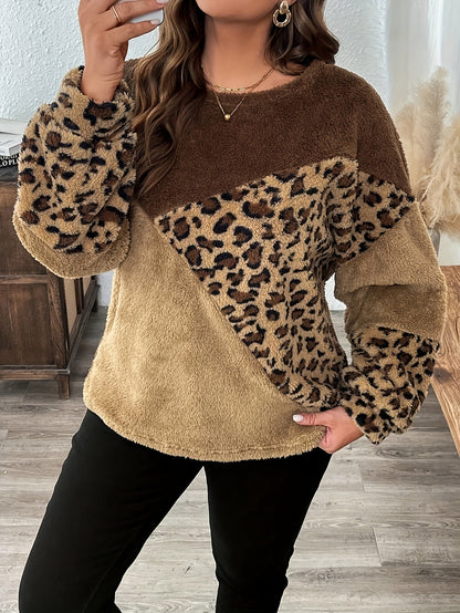 Damen Pullover aus flauschigem Stoff mit Leopardenmuster, Rundhals, Braun