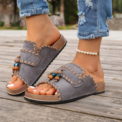 Damen Boho Pantoletten mit Perlendetails – Bequeme Sommerschuhe für Freizeit und Urlaub