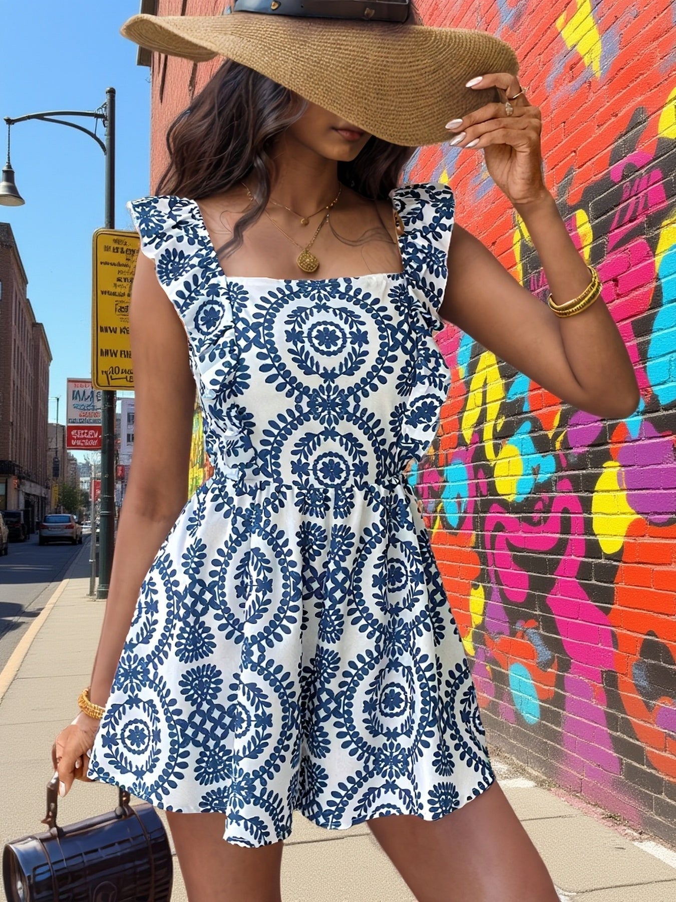 Damen Sommer Jumpsuit Elegant mit Tribal-Muster und Volantärmeln – Perfekt für Freizeit und Urlaub