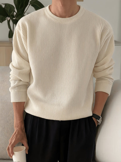 Gerippter Pullover Langarm Rundhalsausschnitt Freizeit Sweater für Herren – Weich & Bequem