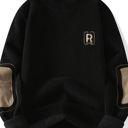 Unisex Langarm Sweatshirt mit Ellenbogen-Patches, Rundhalsausschnitt, gerippter Textur