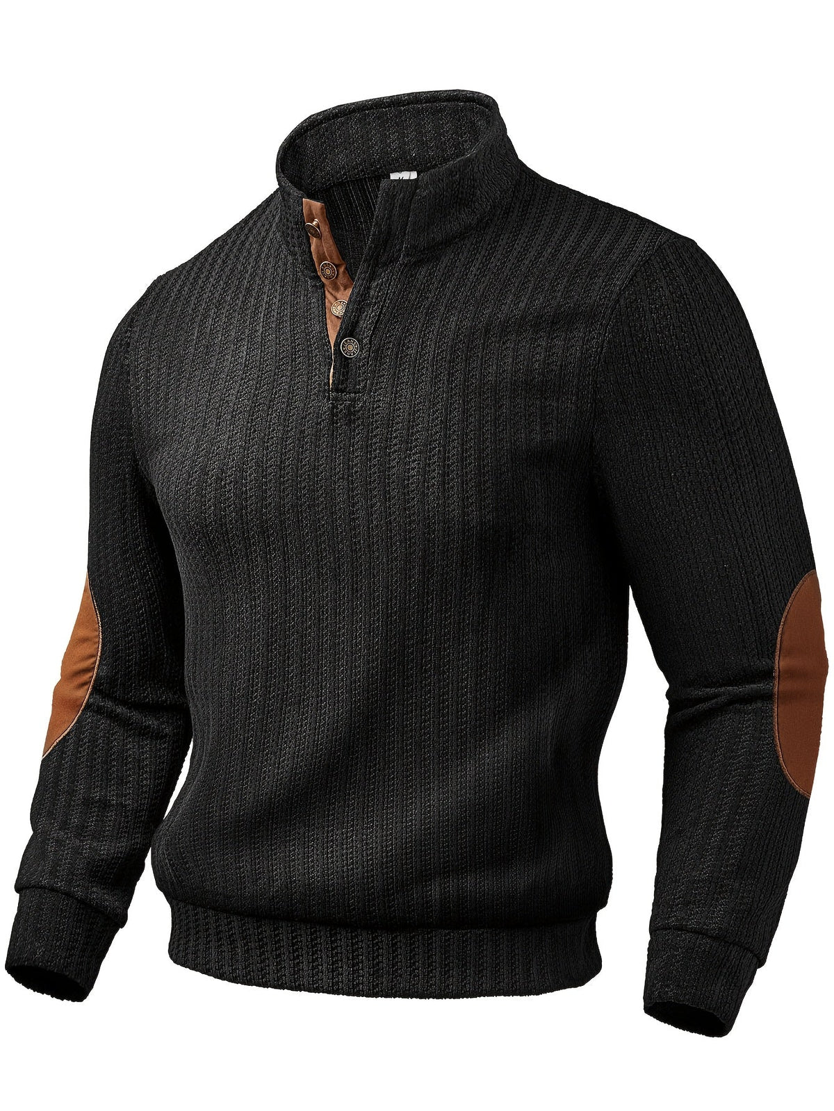 Herren Strickpullover Stehkragen Halbknopfleiste Ellbogen-Patches
