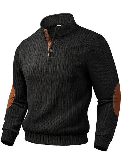 Herren Strickpullover Stehkragen Halbknopfleiste Ellbogen-Patches