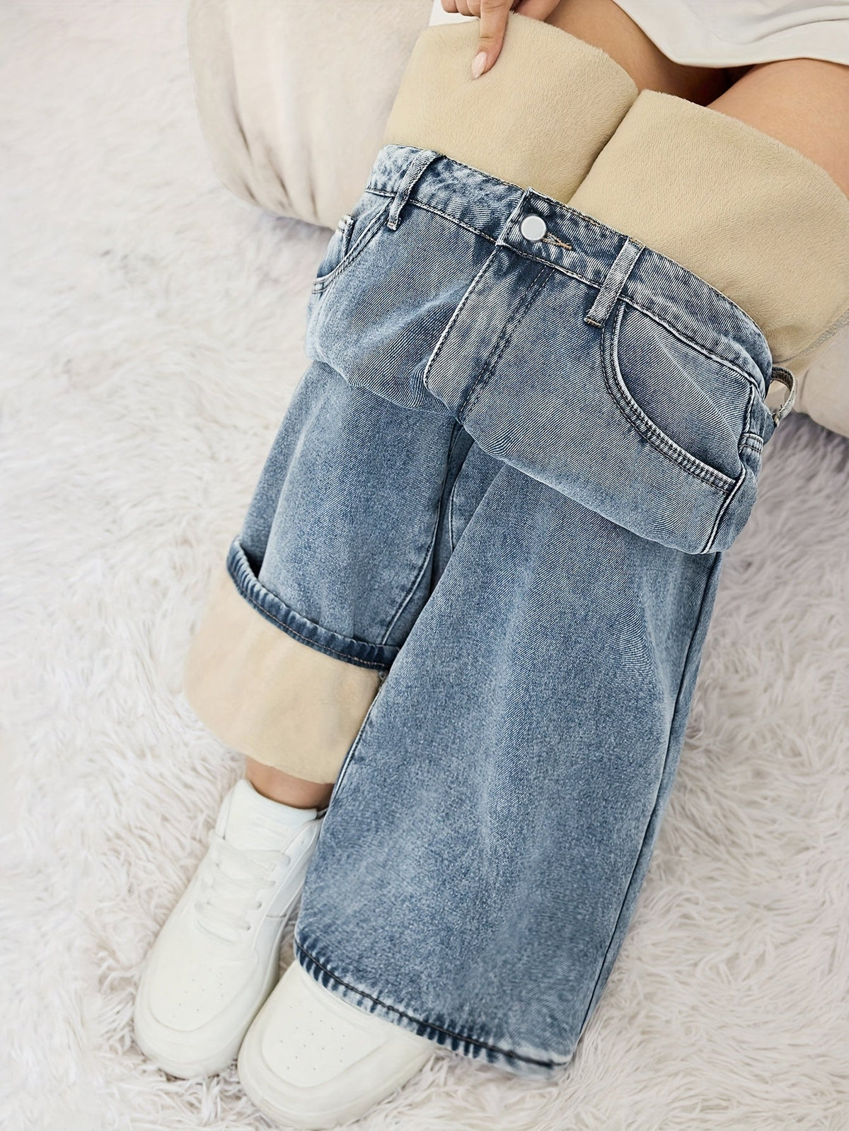 Damen Jeanshose Weites Bein Hohe Taille Gefüttert Hellblau