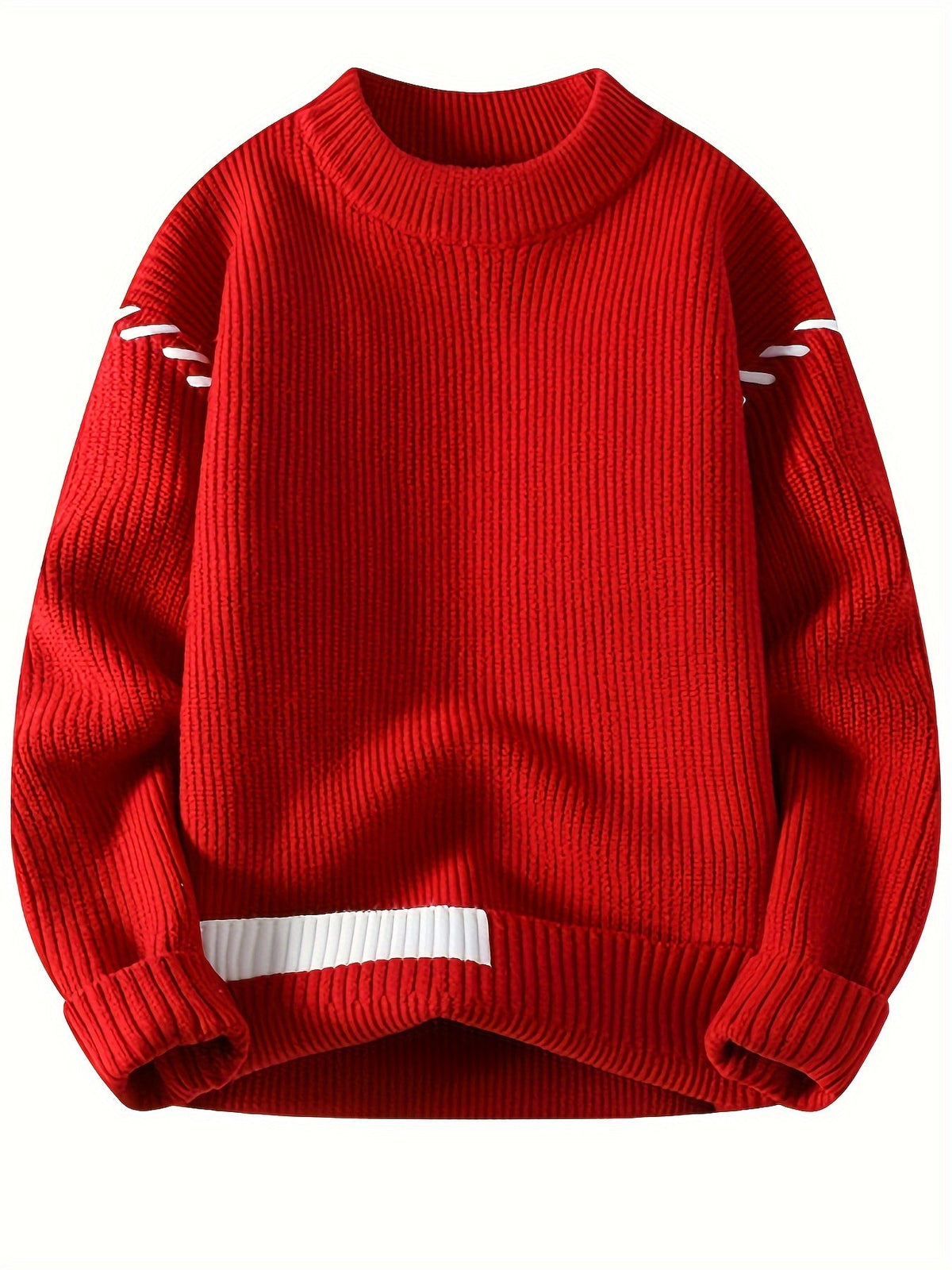 Unisex Rippstrick Pullover Rundhals mit Streifenmuster an Ärmeln und Saum