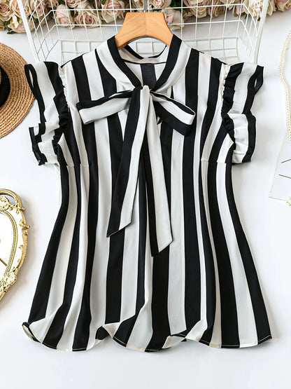 Damen Bluse mit Schleifenkragen und Streifen – Elegante Büro- und Freizeitmode
