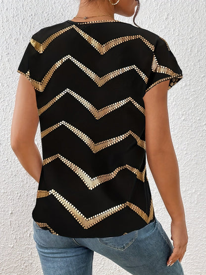 Damen Elegantes Party Shirt mit Glänzendem Zickzack-Muster – Stilvolles Kurzarm Top für Freizeit und Ausgehen
