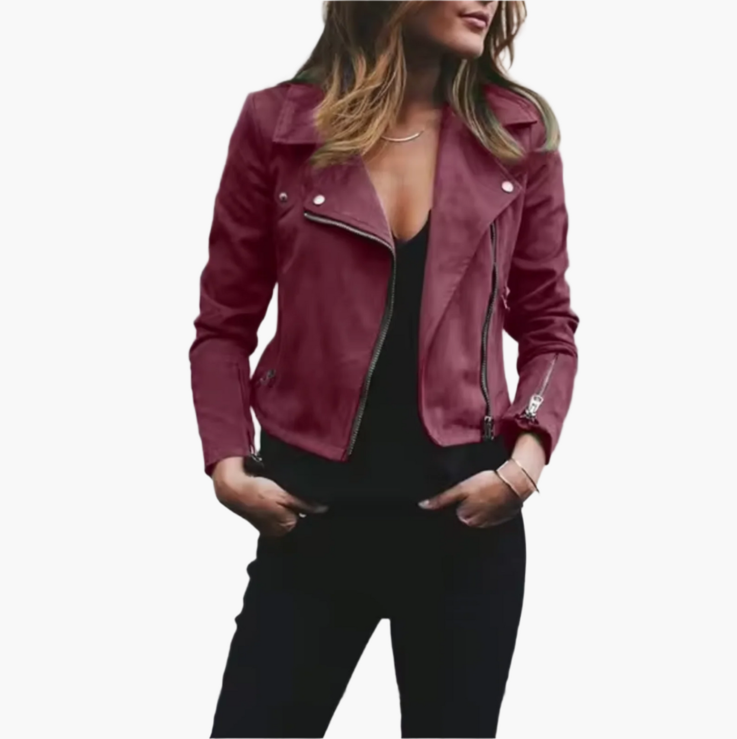 Damen Kurz Bikerjacke – Modische Wildleder-Optik für Freizeit und Streetstyle