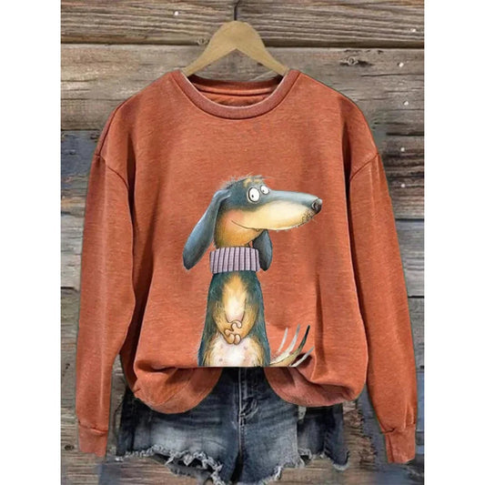 Damen Sweatshirt mit Rundhalsausschnitt und Hundemotiv