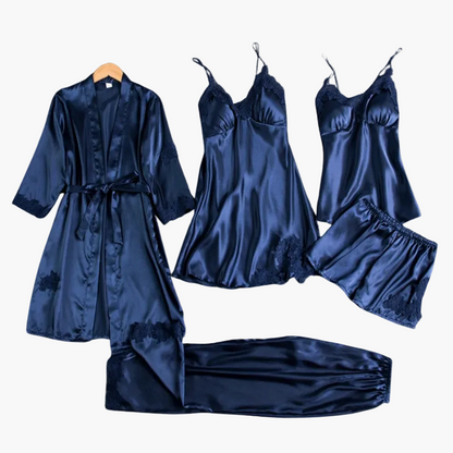 Damen Luxus Nachtwäsche Set 5-teilig – Elegantes Satin Pyjama & Loungewear Ensemble für stilvolle Nächte