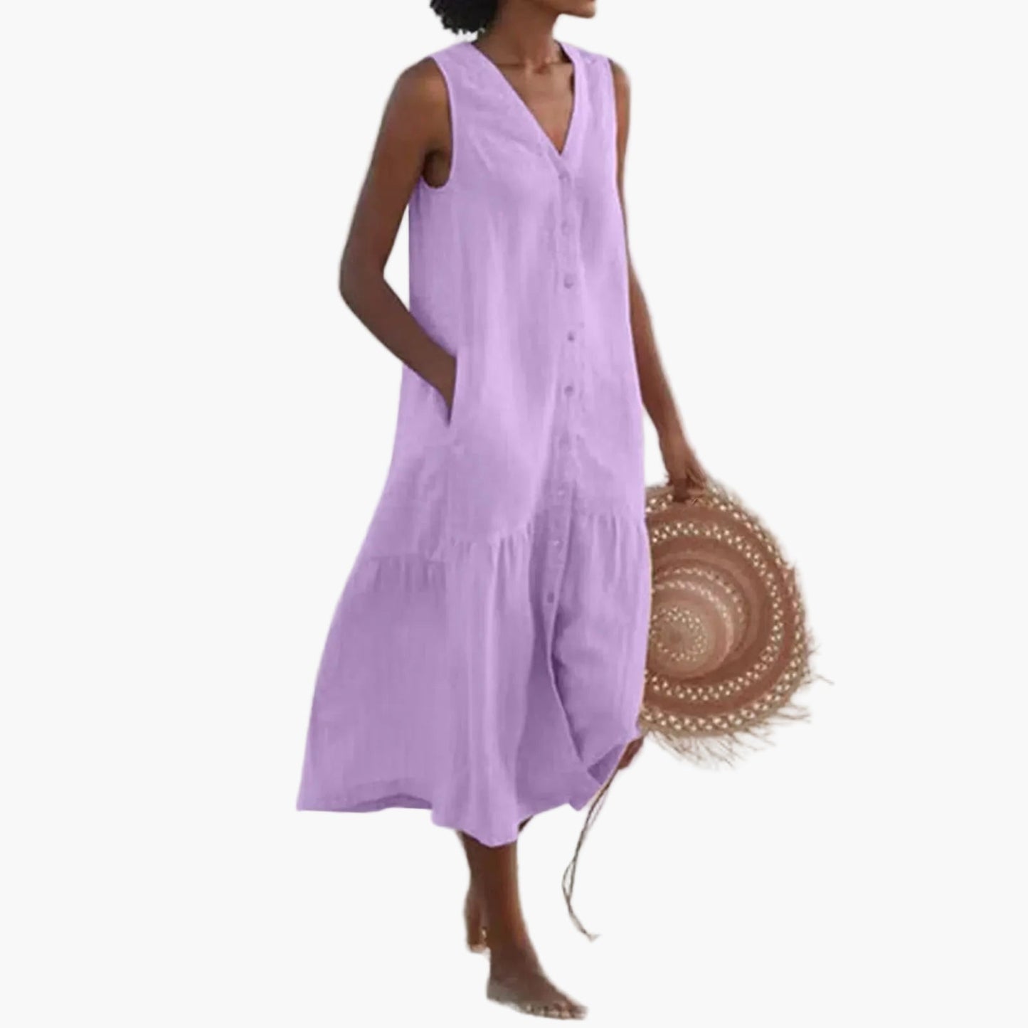 Damen Sommer Strandkleid ärmellos V-Ausschnitt Knopfleiste Freizeitkleid