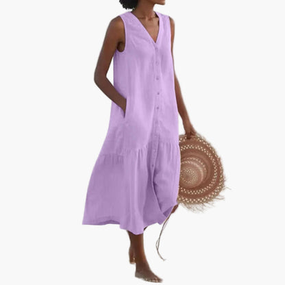 Damen Sommer Strandkleid ärmellos V-Ausschnitt Knopfleiste Freizeitkleid
