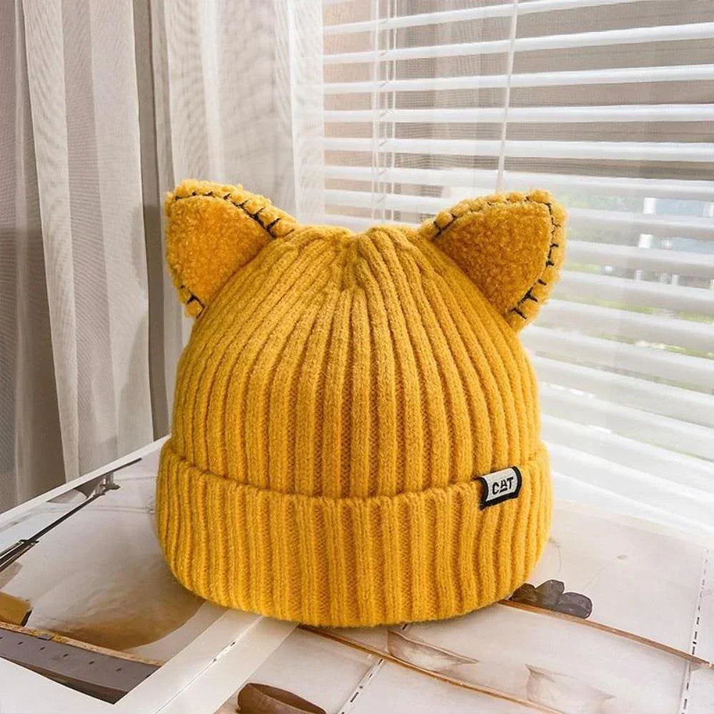 Gerippte Beanie Mütze mit Katzenohren und Umschlag, verschiedene Farben