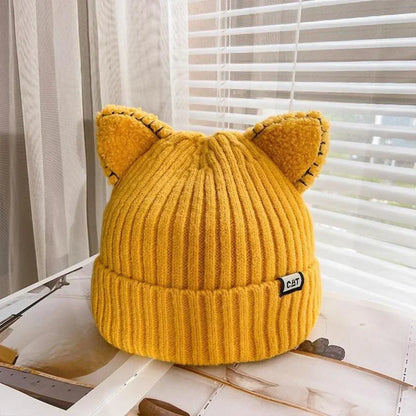 Gerippte Beanie Mütze mit Katzenohren und Umschlag, verschiedene Farben