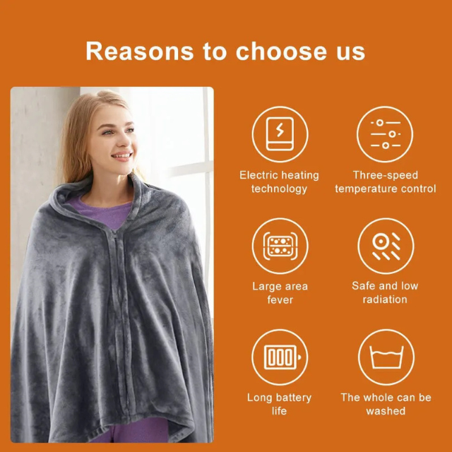 Grauer tragbarer Heiz-Poncho Decke mit Reißverschluss und Kapuze für Damen