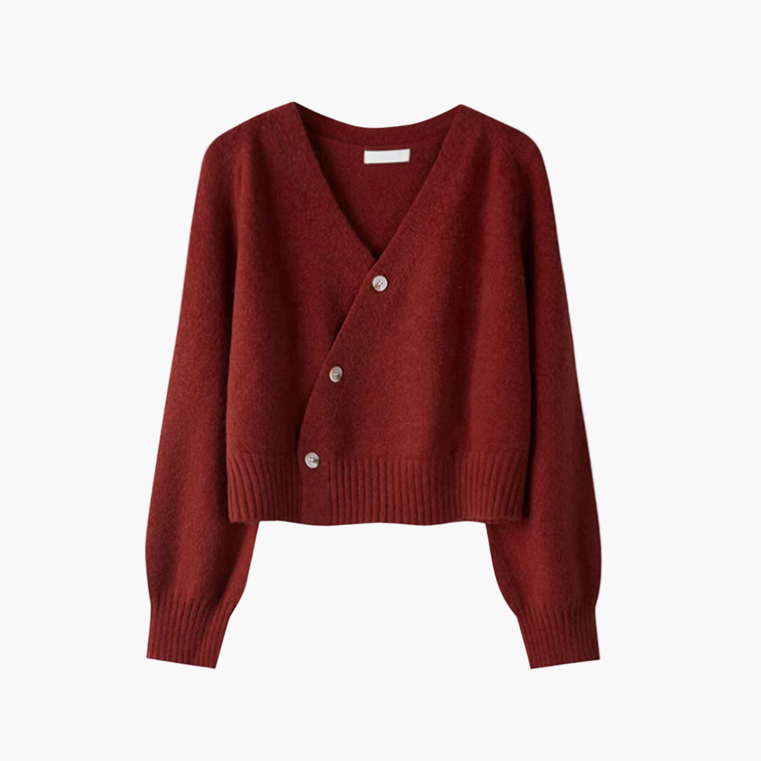 Damen Strickjacke mit V-Ausschnitt und schrägem Knopf – Modischer Cardigan für Alltag und Büro