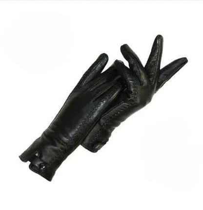 Schwarze Handschuhe aus weichem Material mit Knopfdetails und sichtbaren Nähten