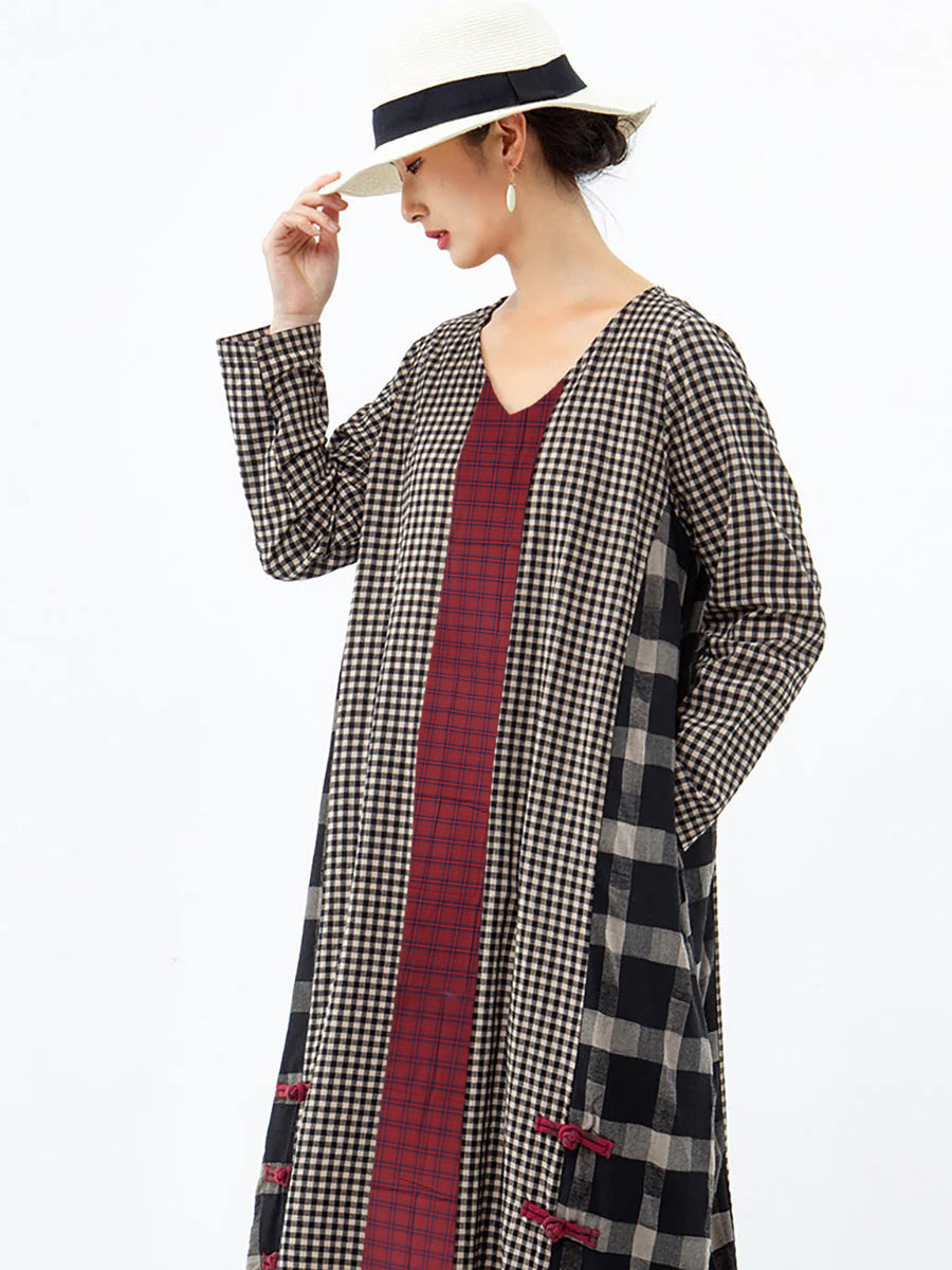 Damen Retro Maxikleid mit Karomuster und V-Ausschnitt – Lässiger Vintage-Stil für Alltag und Freizeit