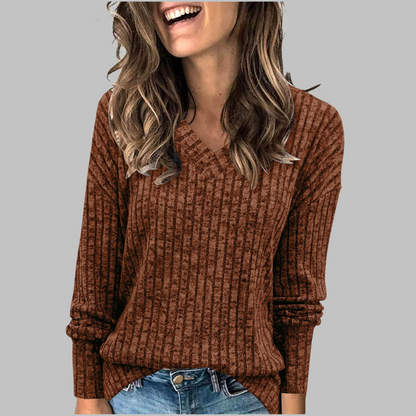 Damen Gerippter Pullover mit V-Ausschnitt, Langarm