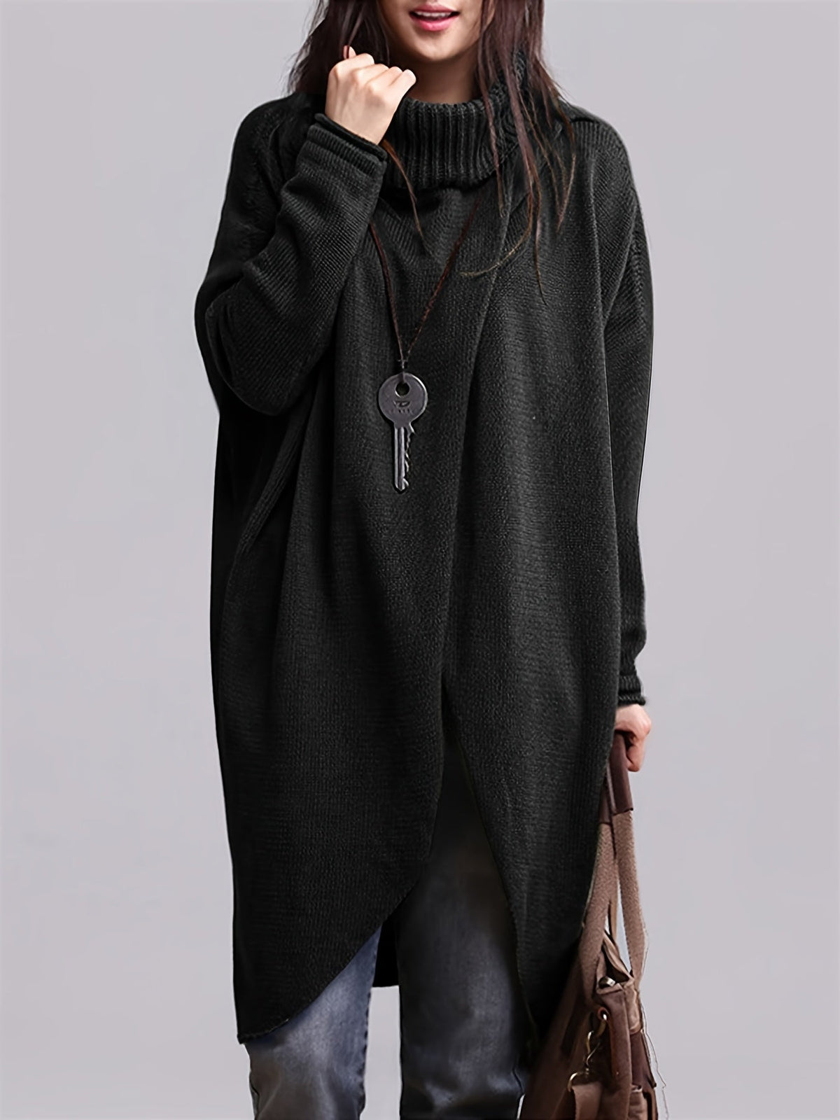 Damen Rollkragen Pullover Longshirt Asymmetrischer Saum Strick Grün