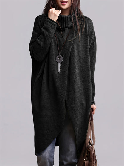 Damen Rollkragen Pullover Longshirt Asymmetrischer Saum Strick Grün