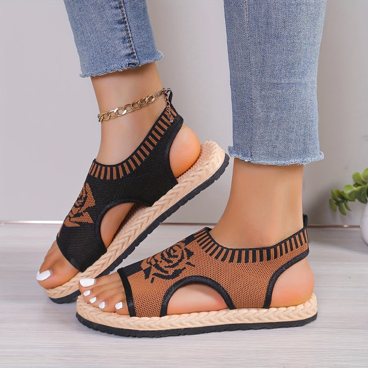 Damen Casual Sandalen mit Blumenmuster – Bequeme Sommerschuhe mit offener Zehenpartie