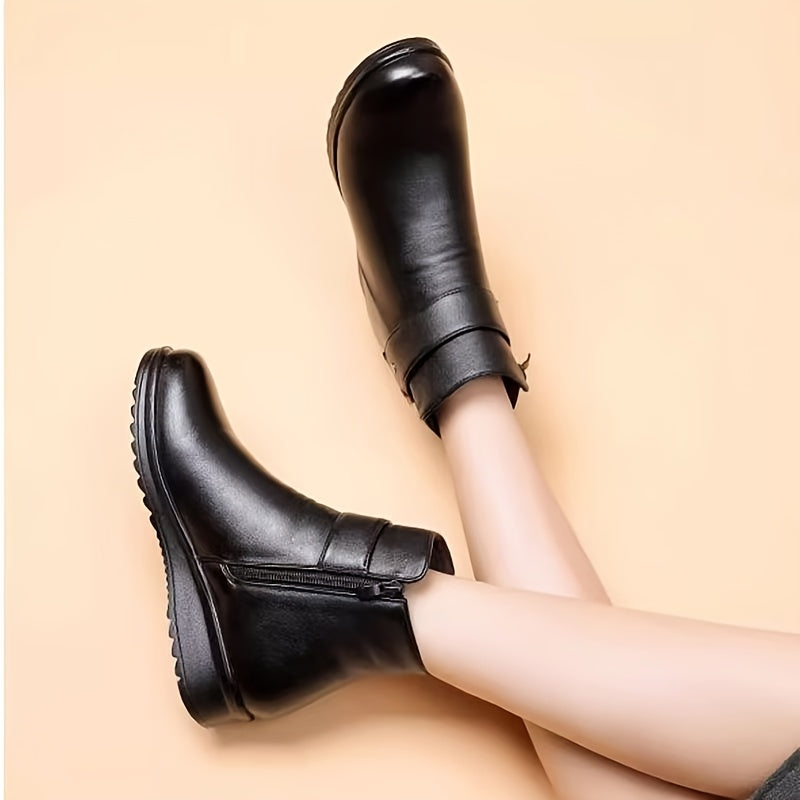 Damen Winter Stiefeletten Schwarz Warm Gefüttert Reißverschluss Schnalle