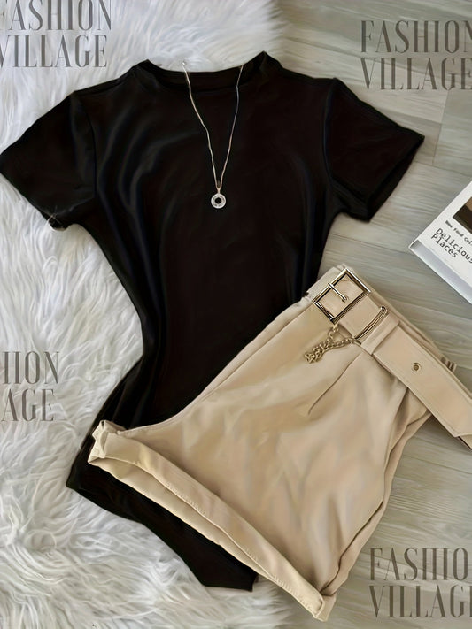 Damen Outfit Set – Elegantes T-Shirt mit Gürtelshorts für Alltag & Freizeit