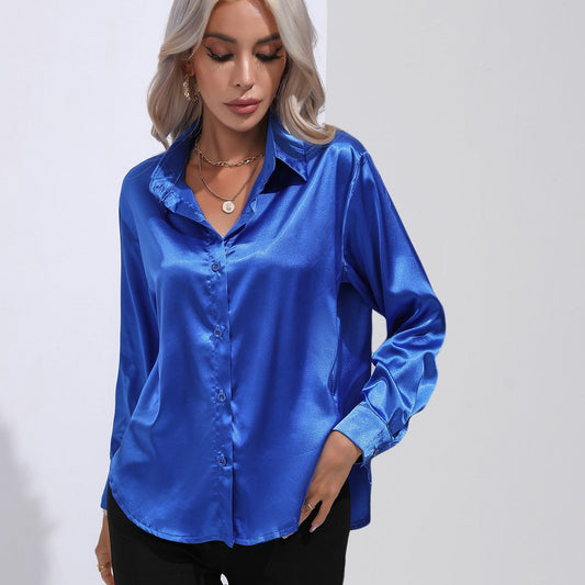Damen Elegante Glanz-Bluse mit Knopfleiste – Klassische Langarm-Hemdbluse für Büro & Abend