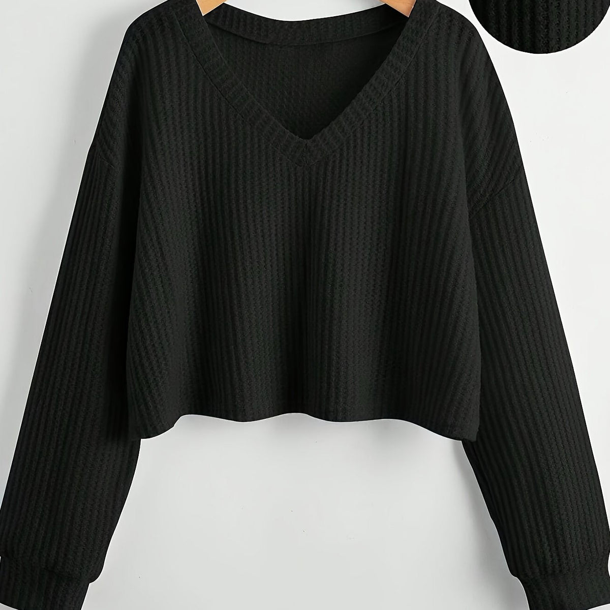 Damen Crop Pullover V-Ausschnitt Langarm Waffelstruktur Schwarz