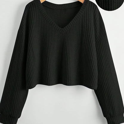 Damen Crop Pullover V-Ausschnitt Langarm Waffelstruktur Schwarz