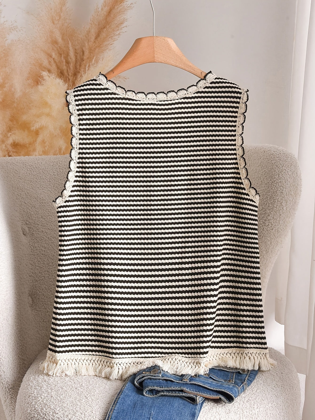 Damen Elegantes Strick-Tanktop mit Fransen und Streifen – Ideal für Frühling & Sommer