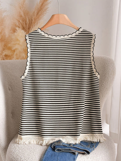 Damen Elegantes Strick-Tanktop mit Fransen und Streifen – Ideal für Frühling & Sommer