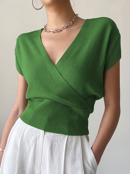 Damen Wickelshirt mit V-Ausschnitt – Eleganter Sommer Pullover Kurzarm für Freizeit & Büro